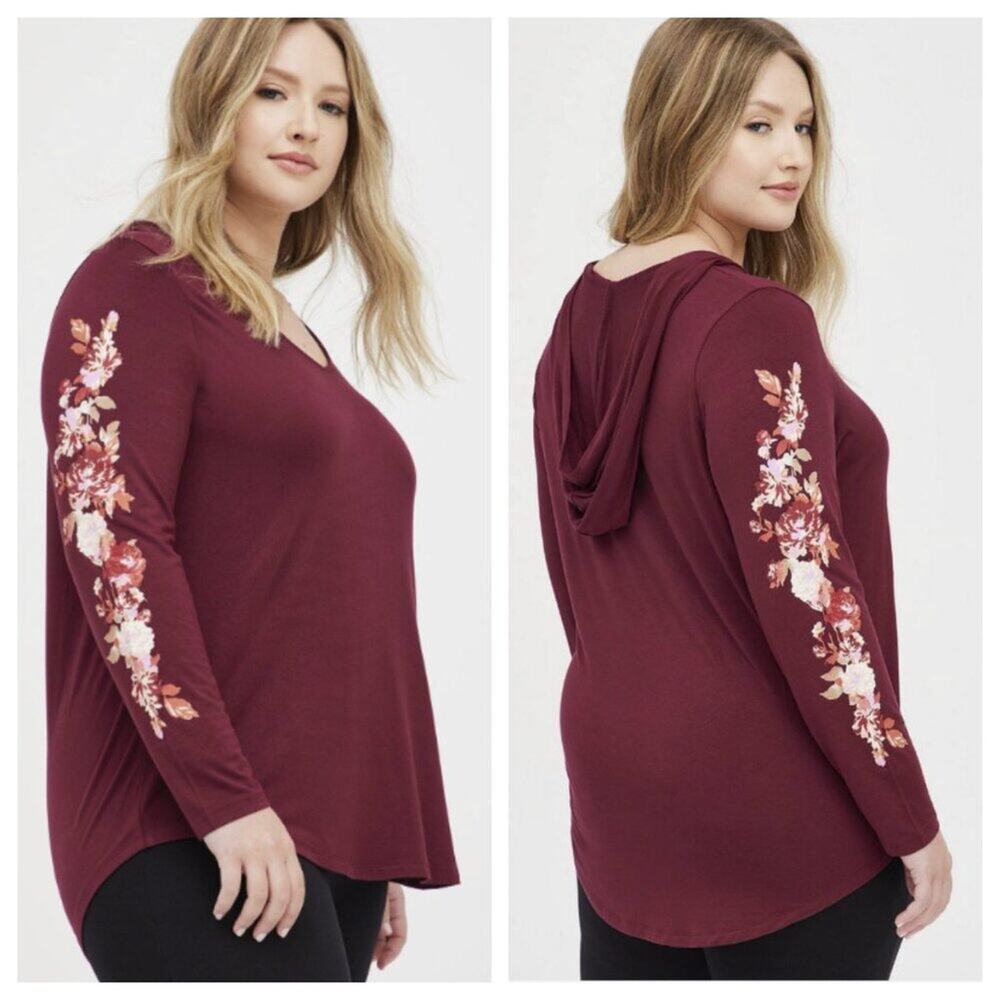 torrid Burgundy Floral Sleeve Hoodie Sweatshirt
